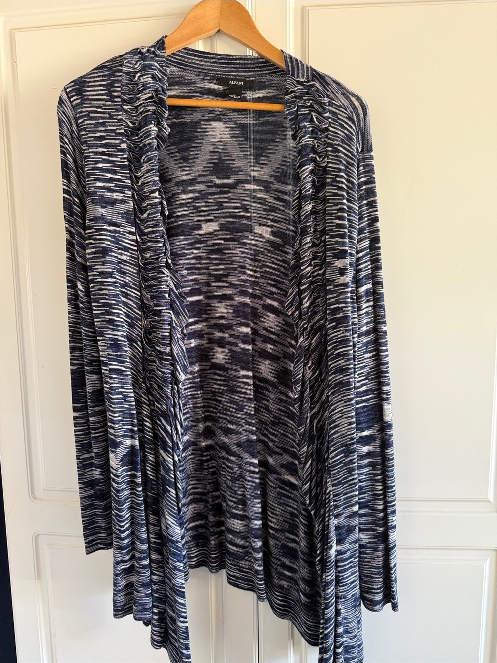 Alfani Navy & White Space-Dye Open Cardigan with Ruffle Trim
